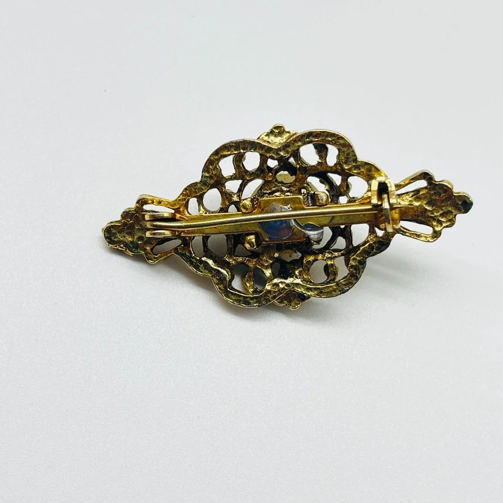 Vintage Gold Tone Brooch Bar Pin Filigree Floral Design Faux Pearl